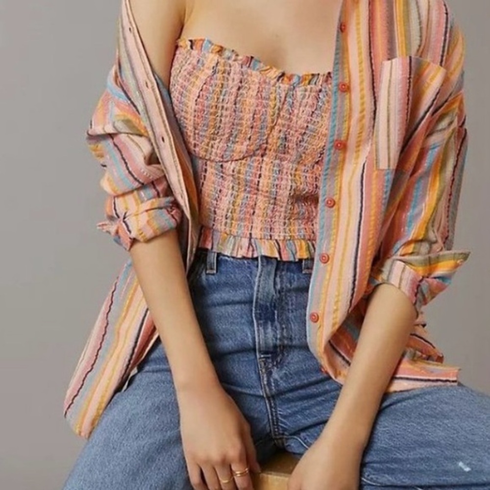 Anthropologie Pilcro‎ Rainbow Striped Smocked Strapless Top Size L